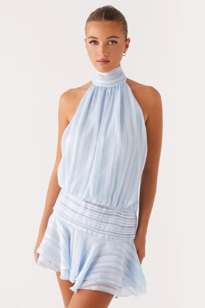 Halter satijn jacquard gestreepte mini jurk