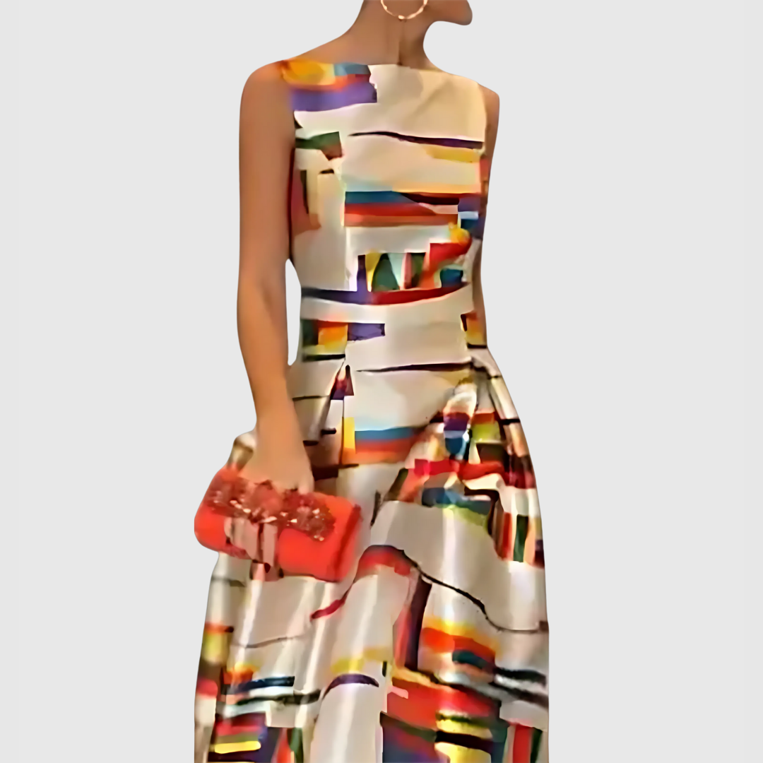 Vooraanzicht van dames maxi jurk met abstract dessin en colorblock in opvallende kleuren