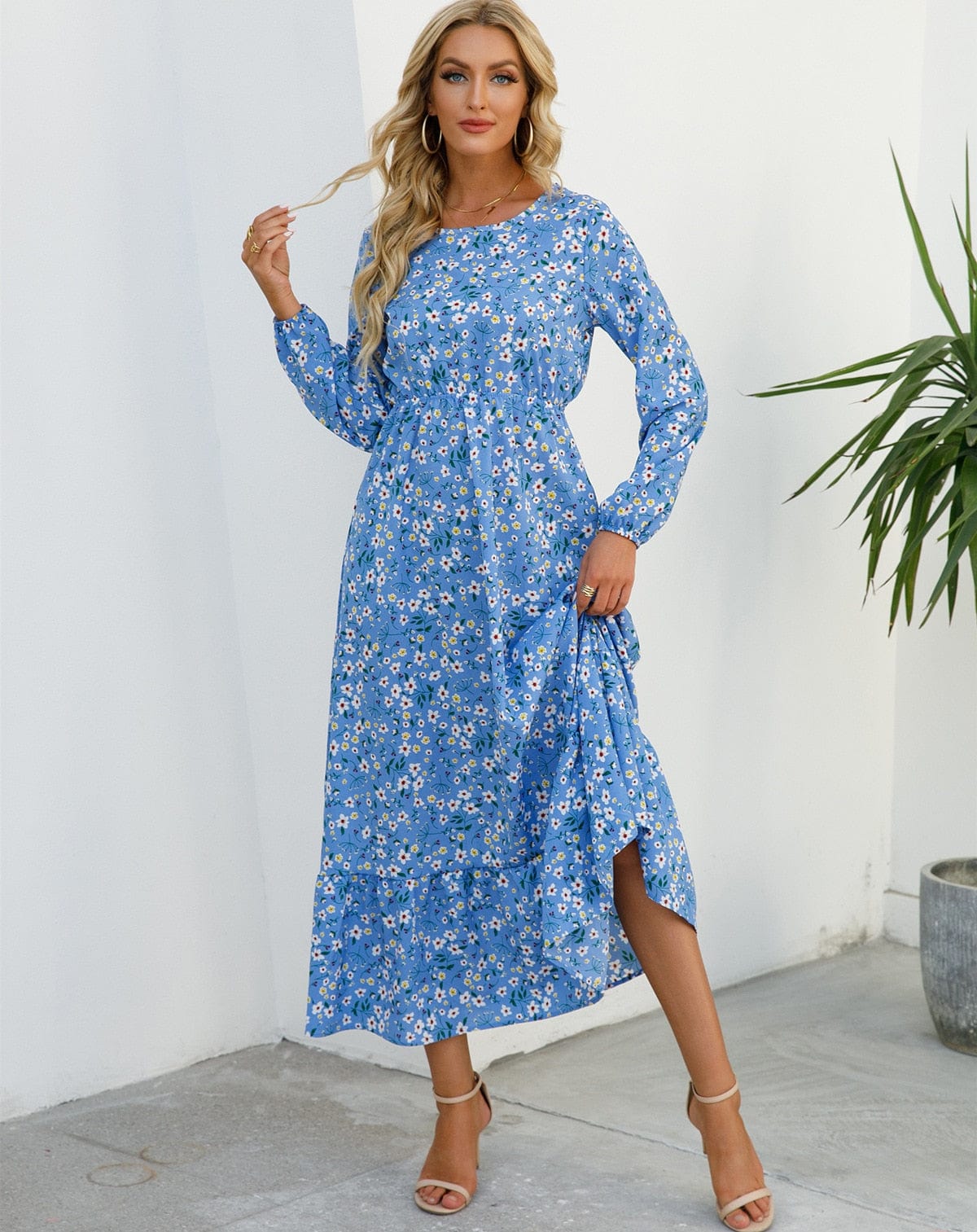 Blauwe Ibiza Bloemen Jurk Lange Mouwen Ibiza Vibe