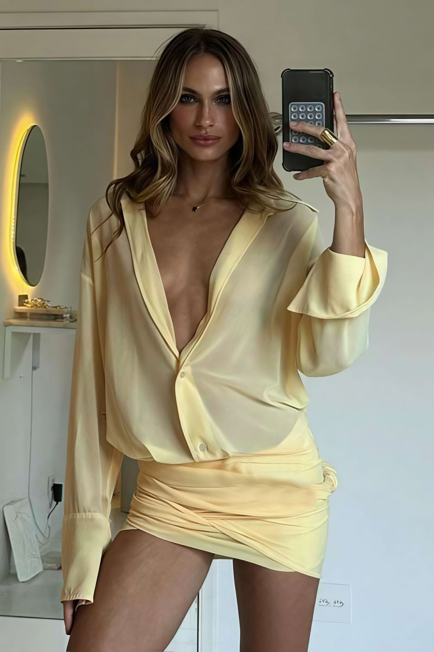 Geel Slim Fit Bodycon Mini Jurk met Kraag