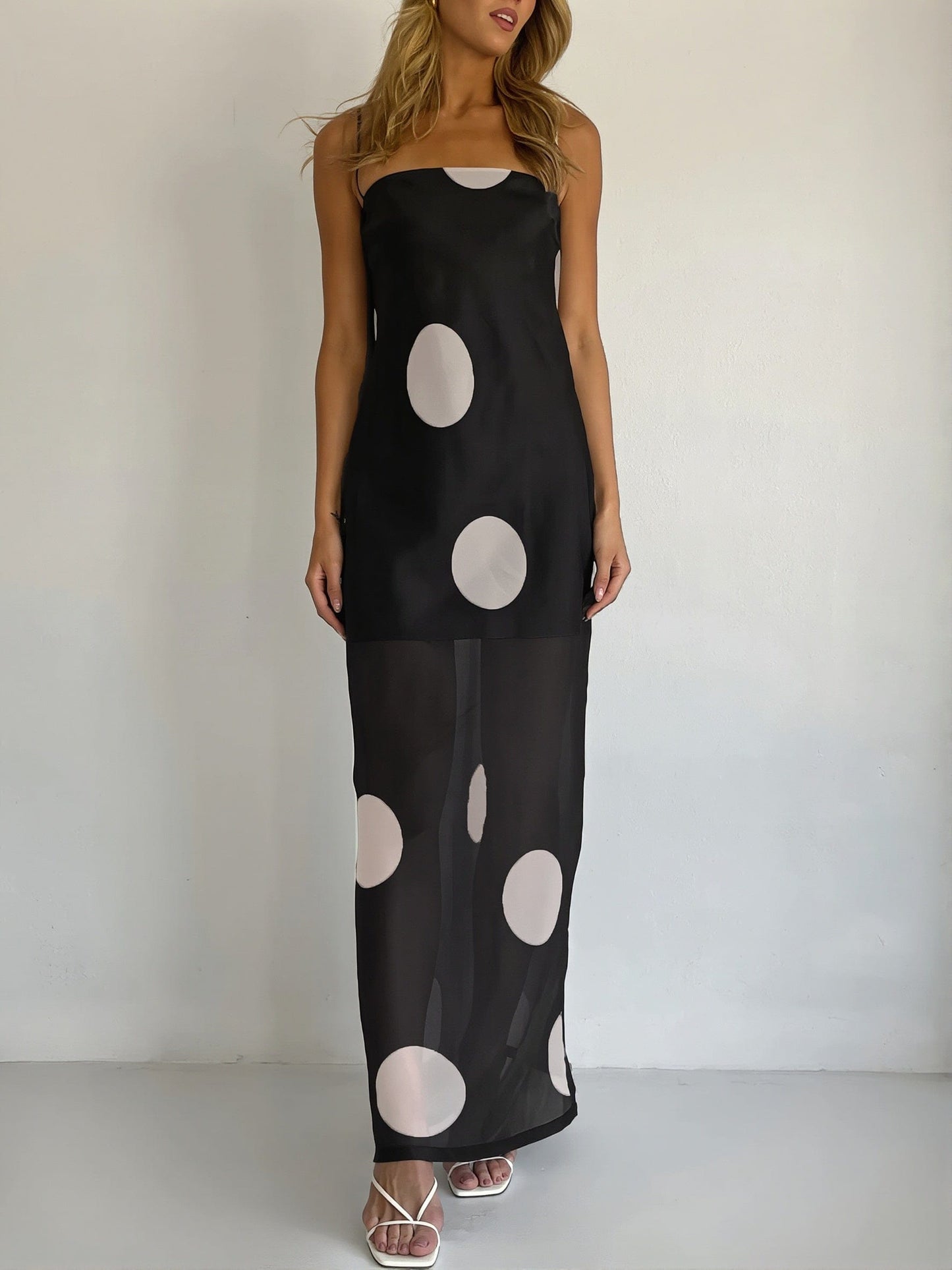Dames Strapless Maxi Jurk Met Stippenprint Slim Fit
