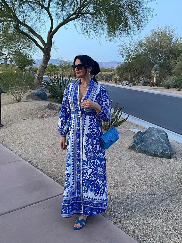 Blue and white long sleeve maxi dress online