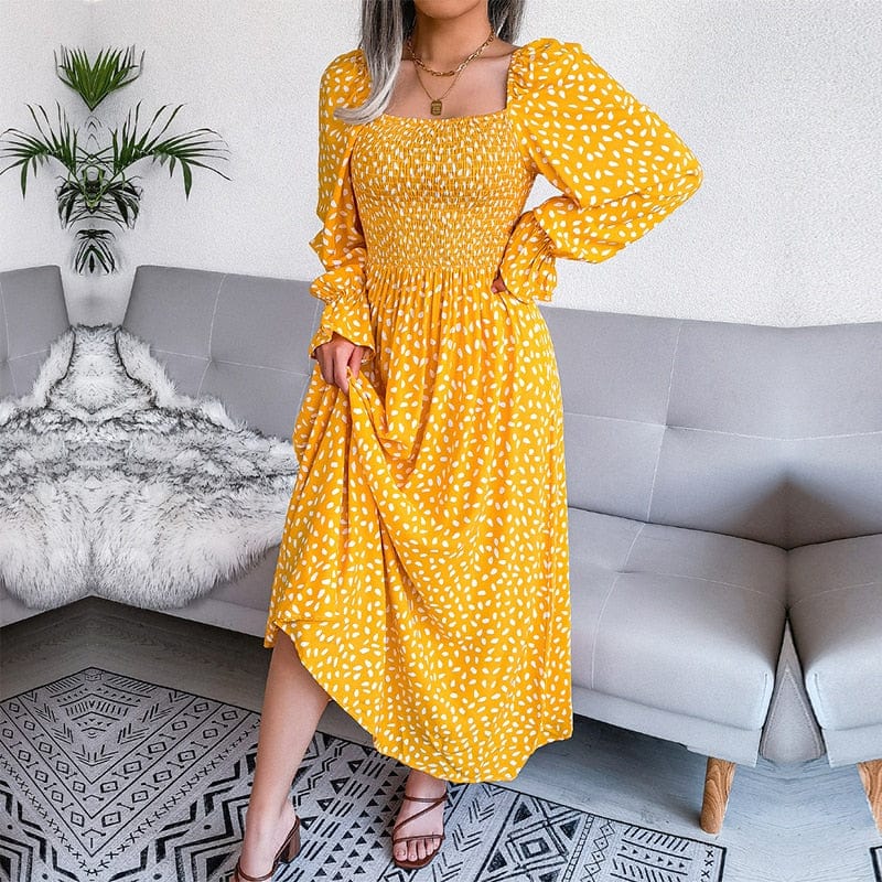Elegante Gele Long Sleeve Maxi Jurk Met Boheemse Print