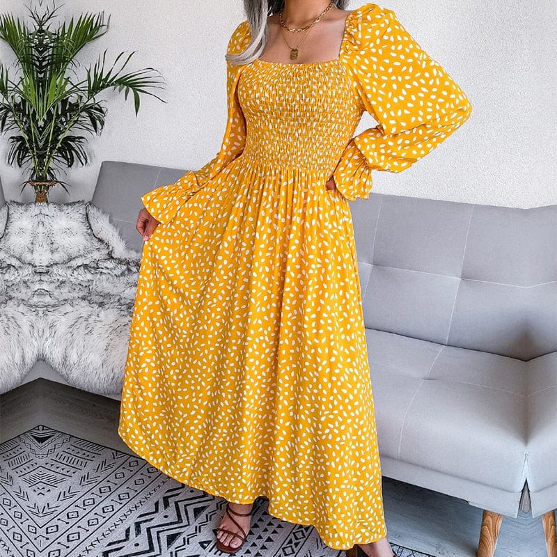 Elegante Gele Long Sleeve Maxi Jurk Met Boheemse Print