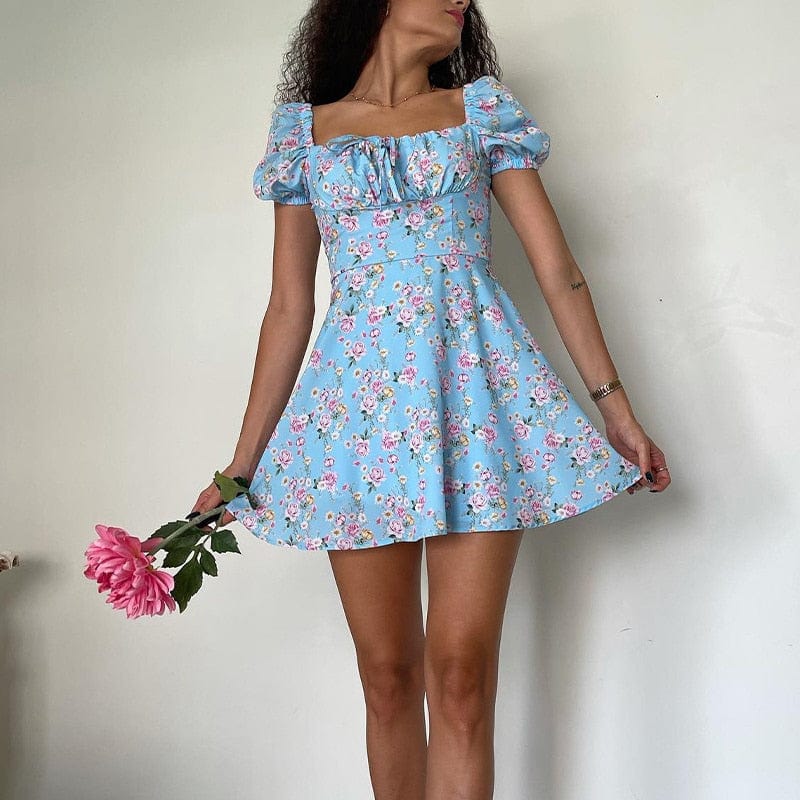 Kort Blauwe Zomerjurk met Bloemenprint