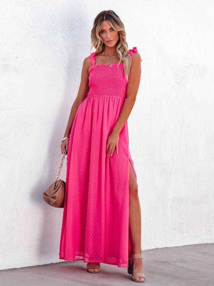Roze Feestelijke Ibiza Stijl Maxi Jurk Met Strikjes – Ibiza Vibe