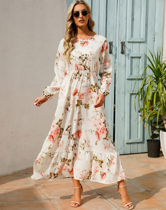 Witte Long Sleeve Maxi Jurk Met Zomerse Bloemenprint