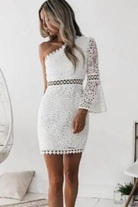 Witte One Shoulder Boho Jurk met Kant