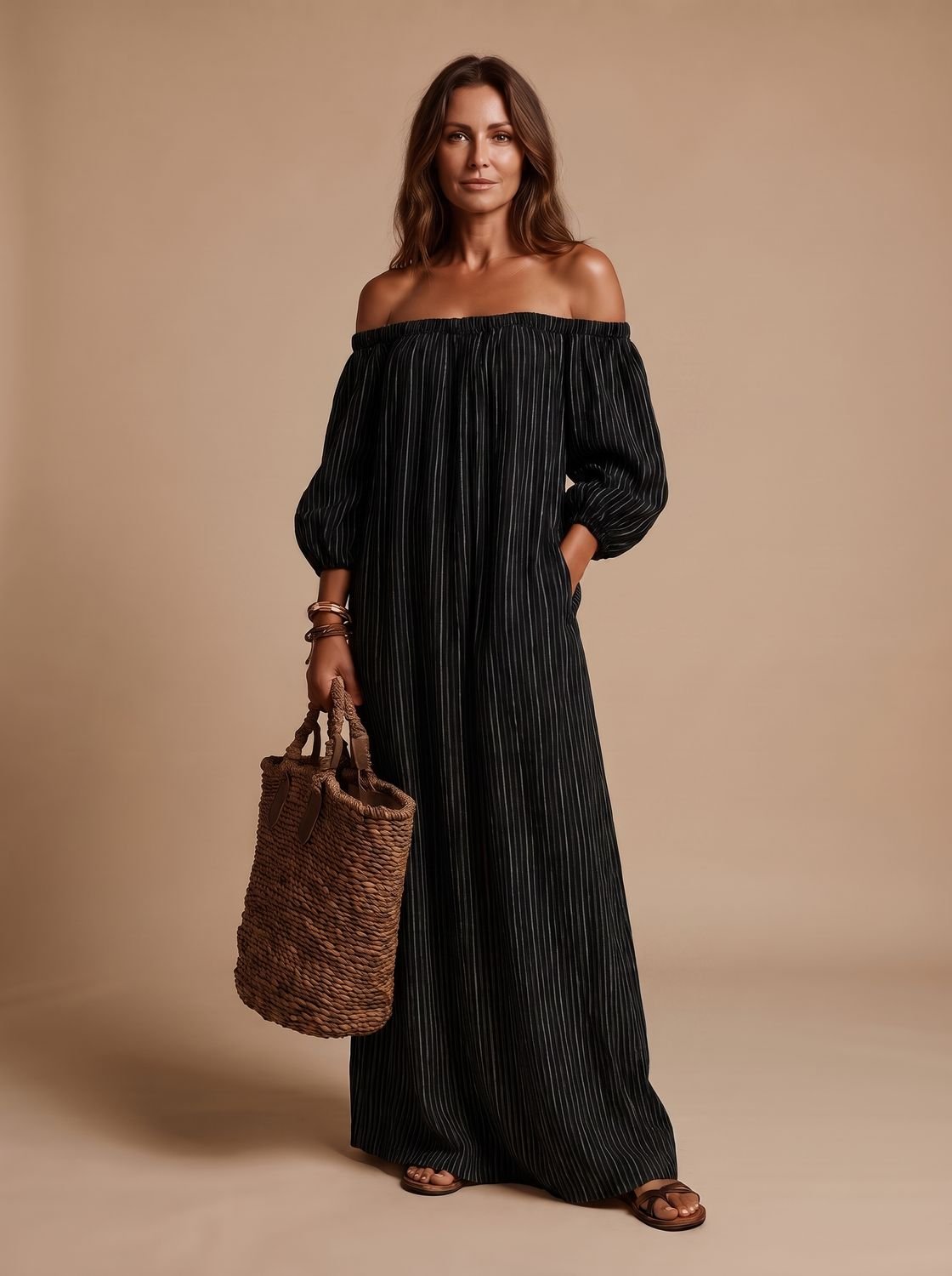 Dames Bohemian Gestreepte Off-Shoulder Maxi-Jurk