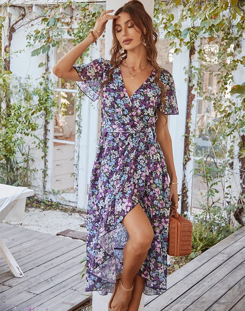 Zwart Midi Jurk Met Bohemian Bloemen Print – Ibiza Vibe