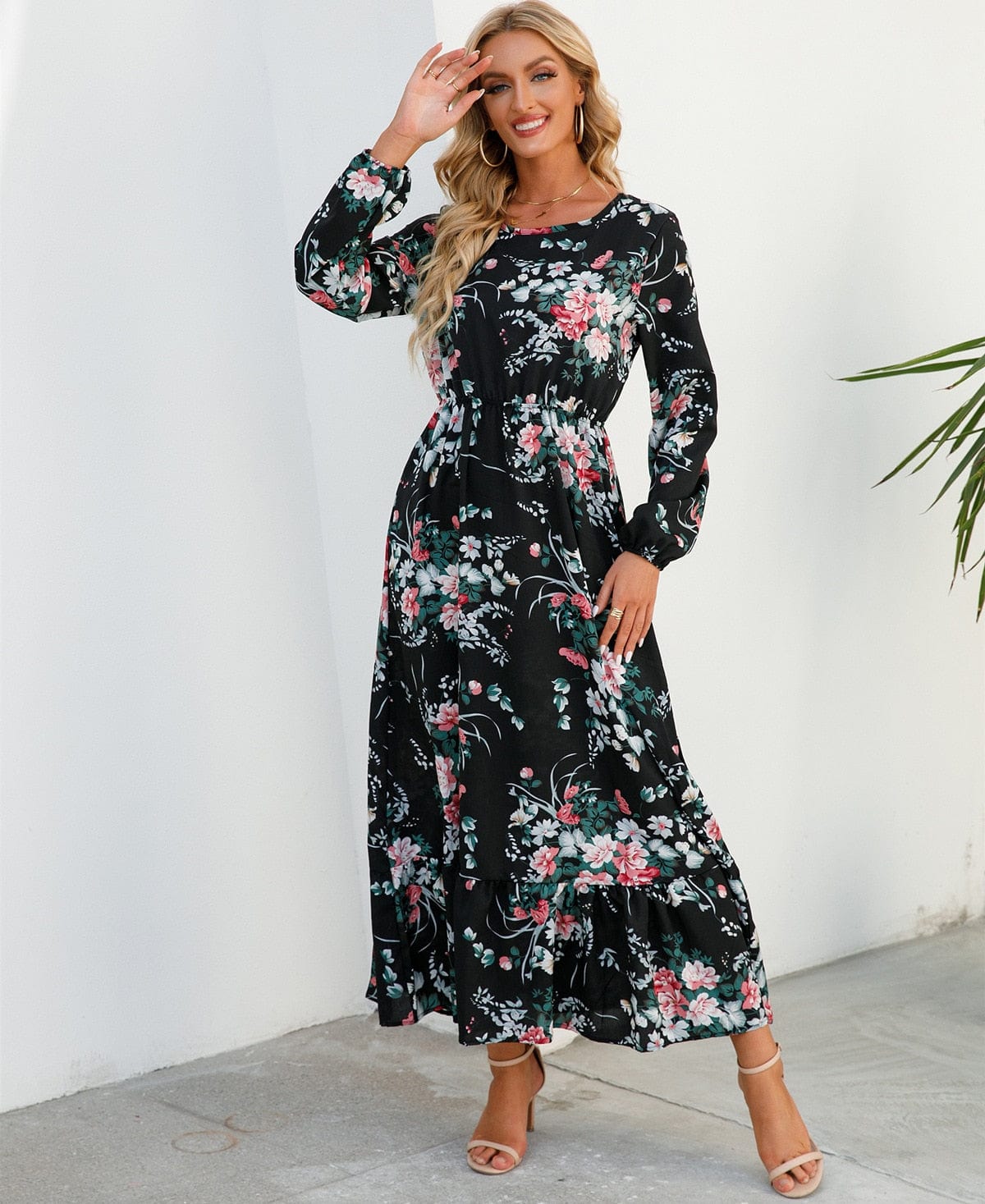 Zwarte Long Sleeve Maxi Jurk Met Bloemen Print Ibiza Stijl
