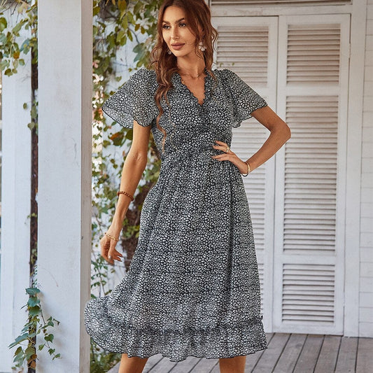 Zwarte Midi Jurk Bohemian Met V-hals en Print