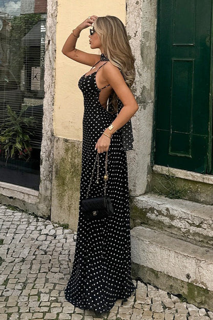 Zwarte polkadot maxi jurk met V-hals en open achterkant