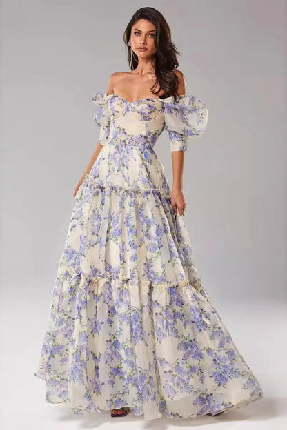 Maxi-jurk van organza met bloemenprint en blote schouders