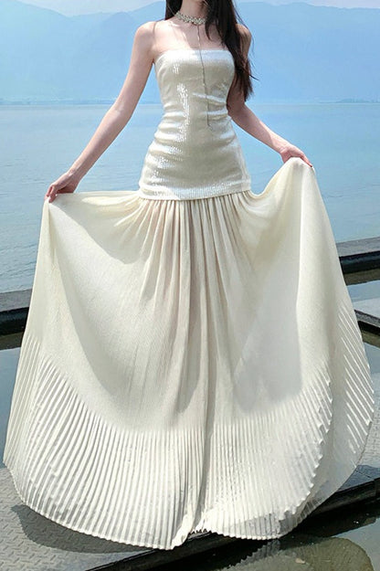 Witte Strapless Maxi-jurk met Pailletten Patchwork en Losse Pasvorm