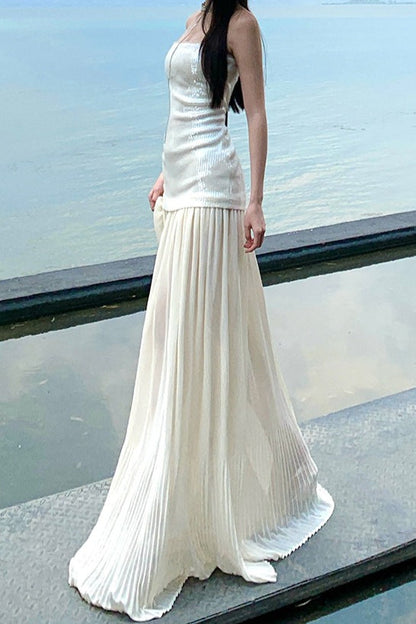 Witte Strapless Maxi-jurk met Pailletten Patchwork en Losse Pasvorm