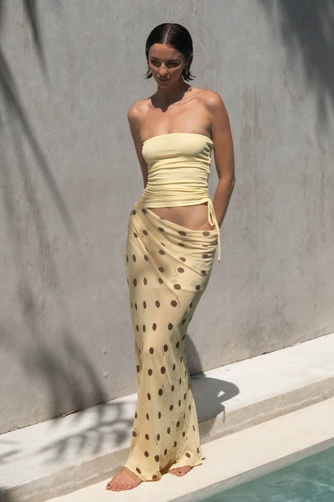 Strapless maxi-jurk met polkadot patchwork en slanke pasvorm