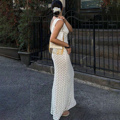 Gehaakte Maxi Jurk Met Open Rug Wit