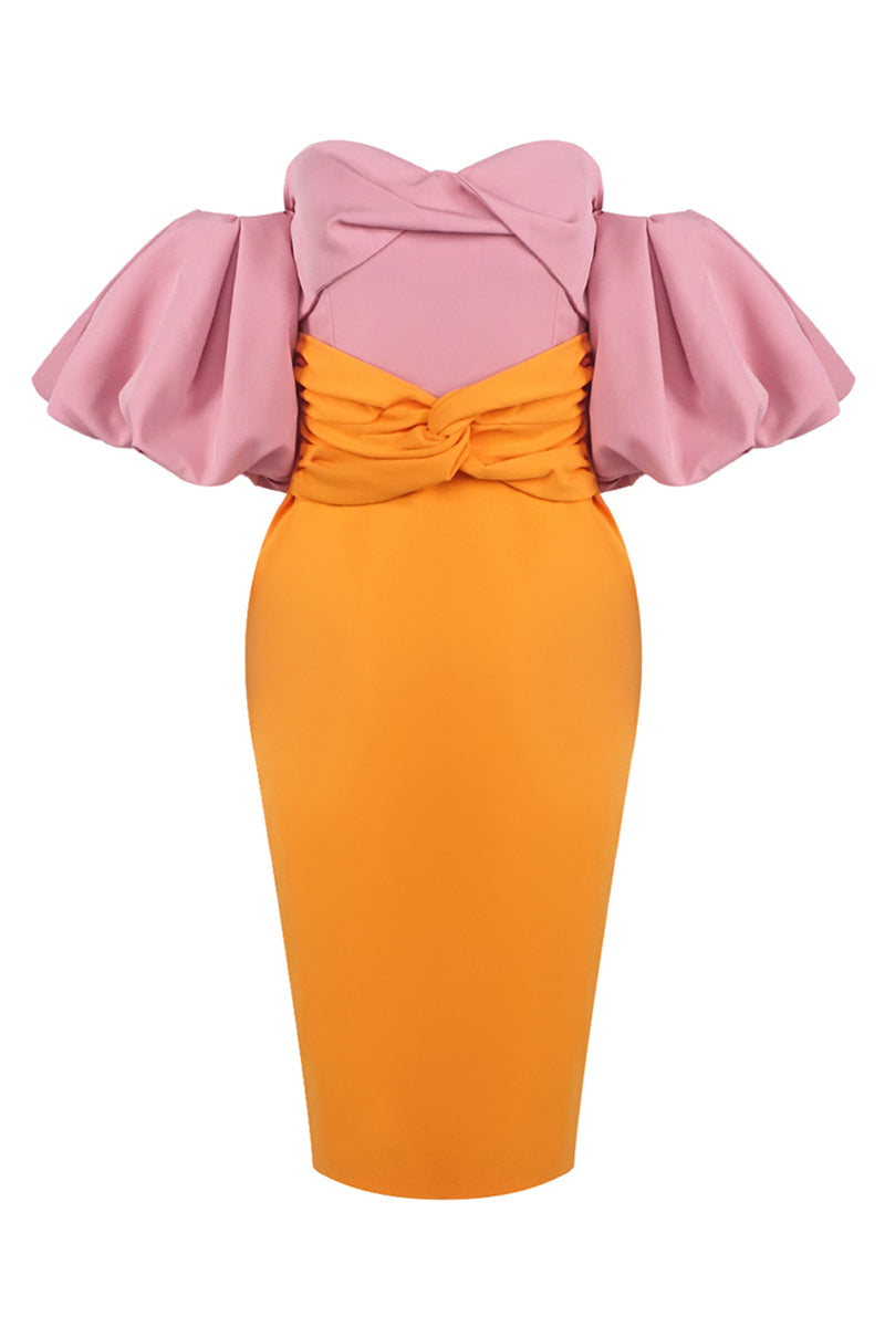 Midijurk met kleurvlakken en ballonmouwen roze oranje