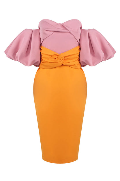 Midijurk met kleurvlakken en ballonmouwen roze oranje