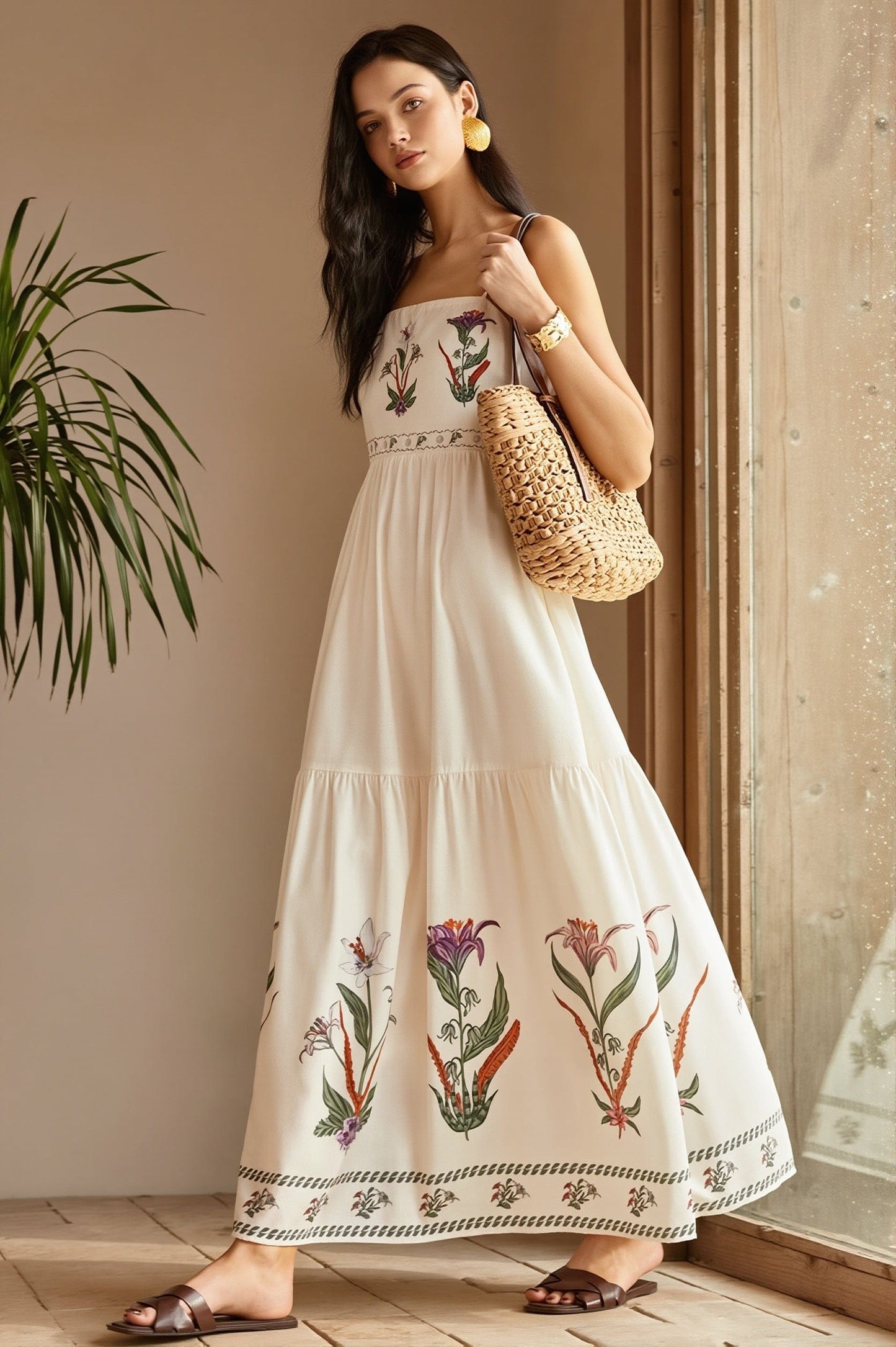 Dames maxi jurk met bloemenprint en bandeau halslijn, achteraanzicht