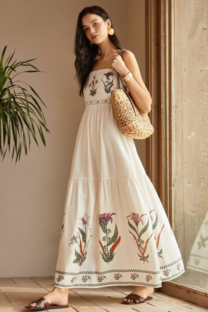 Dames maxi jurk met bloemenprint en bandeau halslijn, achteraanzicht