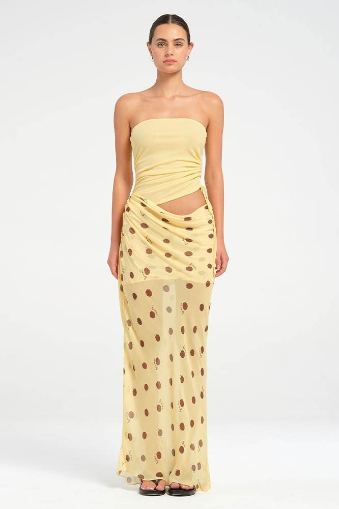 Strapless maxi-jurk met polkadot patchwork en slanke pasvorm