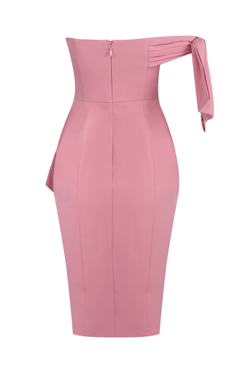Midi-jurk met een schouder en strikkdetail roze