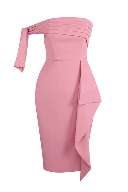 Midi-jurk met een schouder en strikkdetail roze