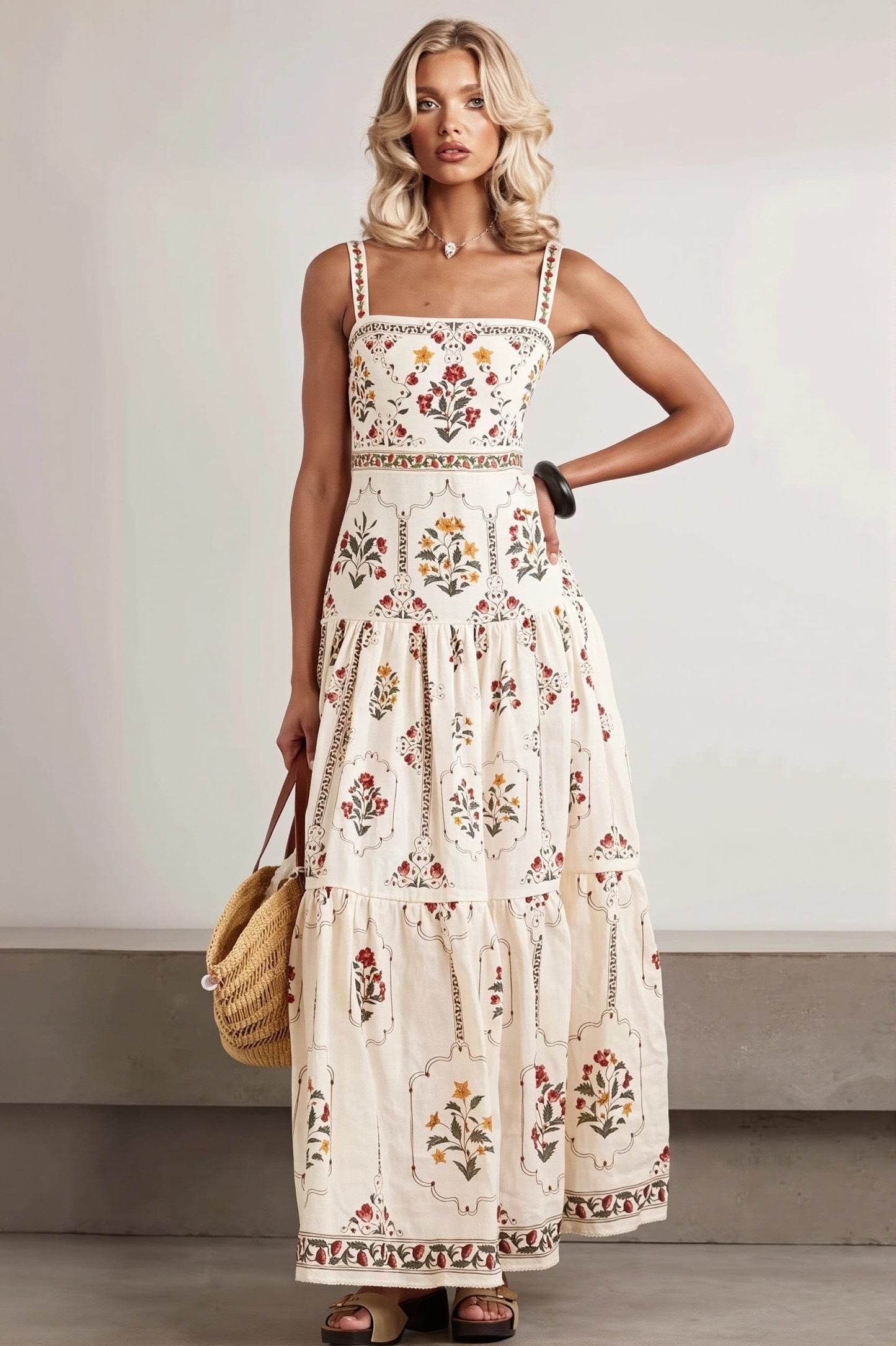 Dames maxi jurk met bloemenprint en patchwork in boho stijl