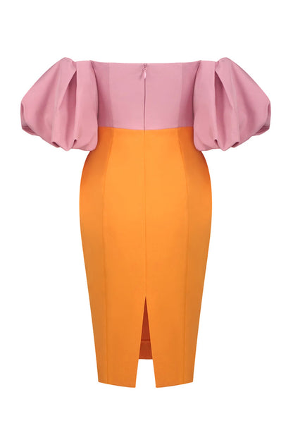 Midijurk met kleurvlakken en ballonmouwen roze oranje