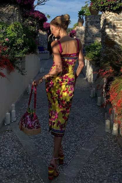 Slim Fit Midi Jurk met Etnische Print en Overslag Geel