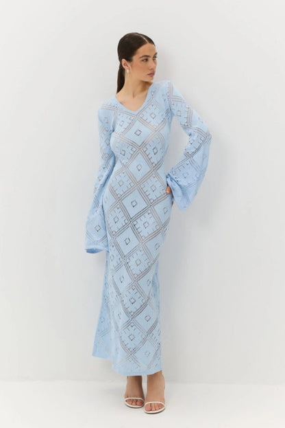 Gebreide Argyle Jacquard Maxi Jurk met Lange Mouwen