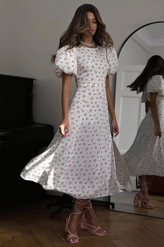 Dames maxi jurk met bloemenprint en split, vooraanzicht