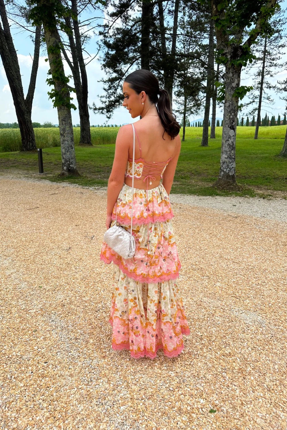 Dames Maxi Jurk met Bloemenprint en Gelaagde Rok Roze