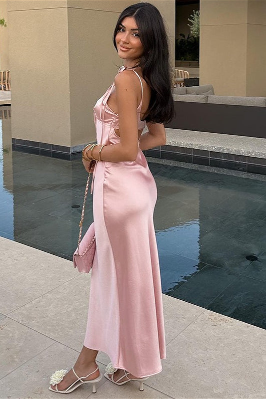 Satijn Strapless Maxi Jurk met V-hals en Strik