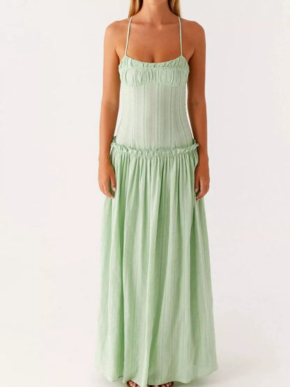 Maxi-jurk met smock en ruches en spaghetti bandjes