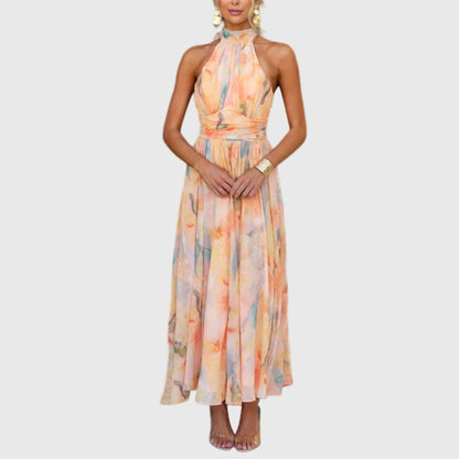 Dames halter maxi jurk met kleurverloop in lange elegante pasvorm