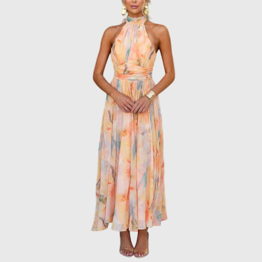 Dames halter maxi jurk met kleurverloop in lange elegante pasvorm