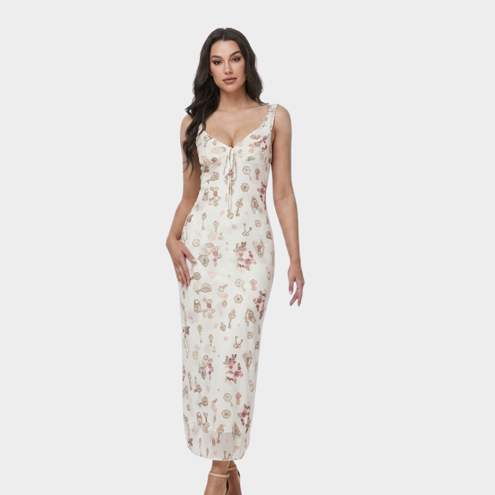 Dames in aansluitende maxi jurk met bloemenprint en elegante bandjes