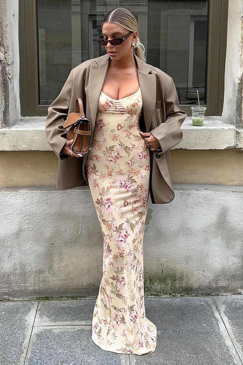 Maxi Jurk met Bloemenprint, Split en Cami, Abrikoos