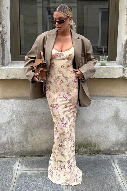 Maxi Jurk met Bloemenprint, Split en Cami, Abrikoos