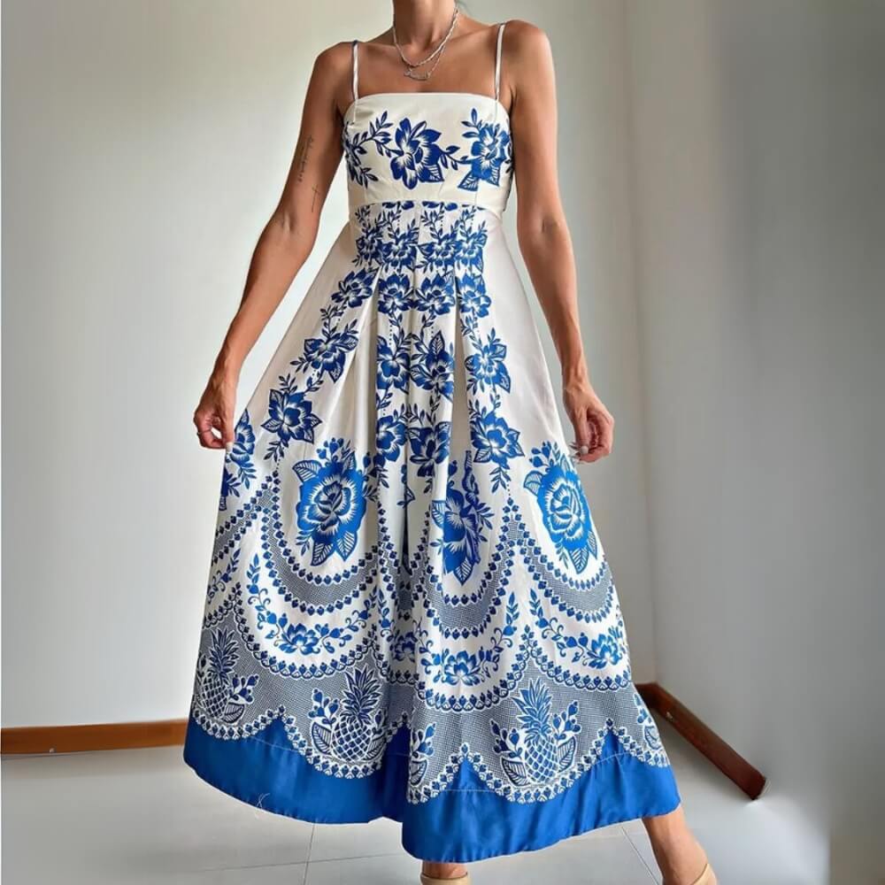 Polyester Midi Jurk met Spaghettibandjes Blauw