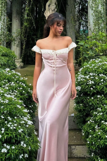 Satijnen Strapless Maxi Jurk met Smalle Strik Roze
