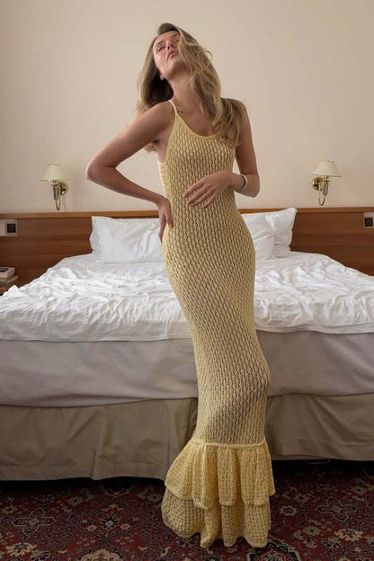 Boho Gebreide Maxi Jurk met Volants en Doorschijnende Cut-out Cami