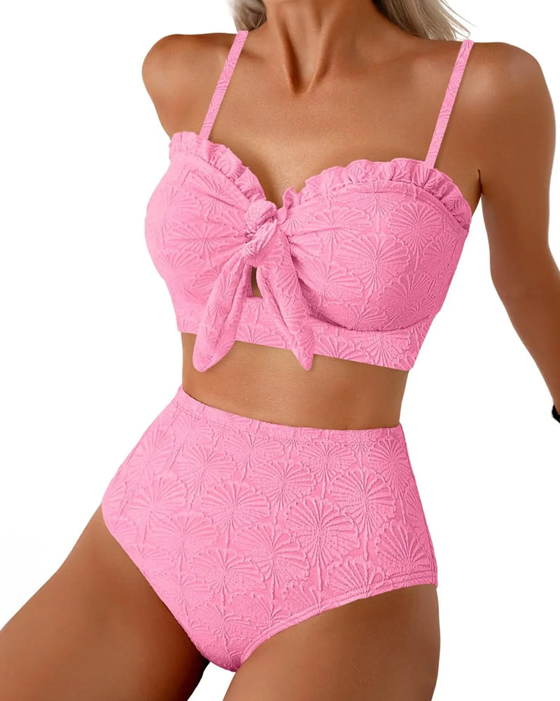 Dames bikini met bandjes en knoopdetail vooraanzicht