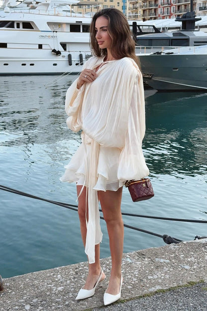 Mini-jurk met ruches en lanterne-mouwen van chiffon