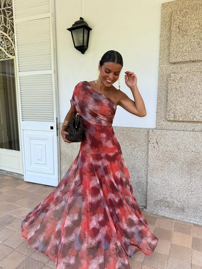 Dames maxi jurk met one-shoulder ontwerp en print volledige lengte