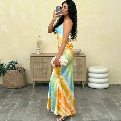 Satin Backless V-hals Slingjurk Kleurrijk