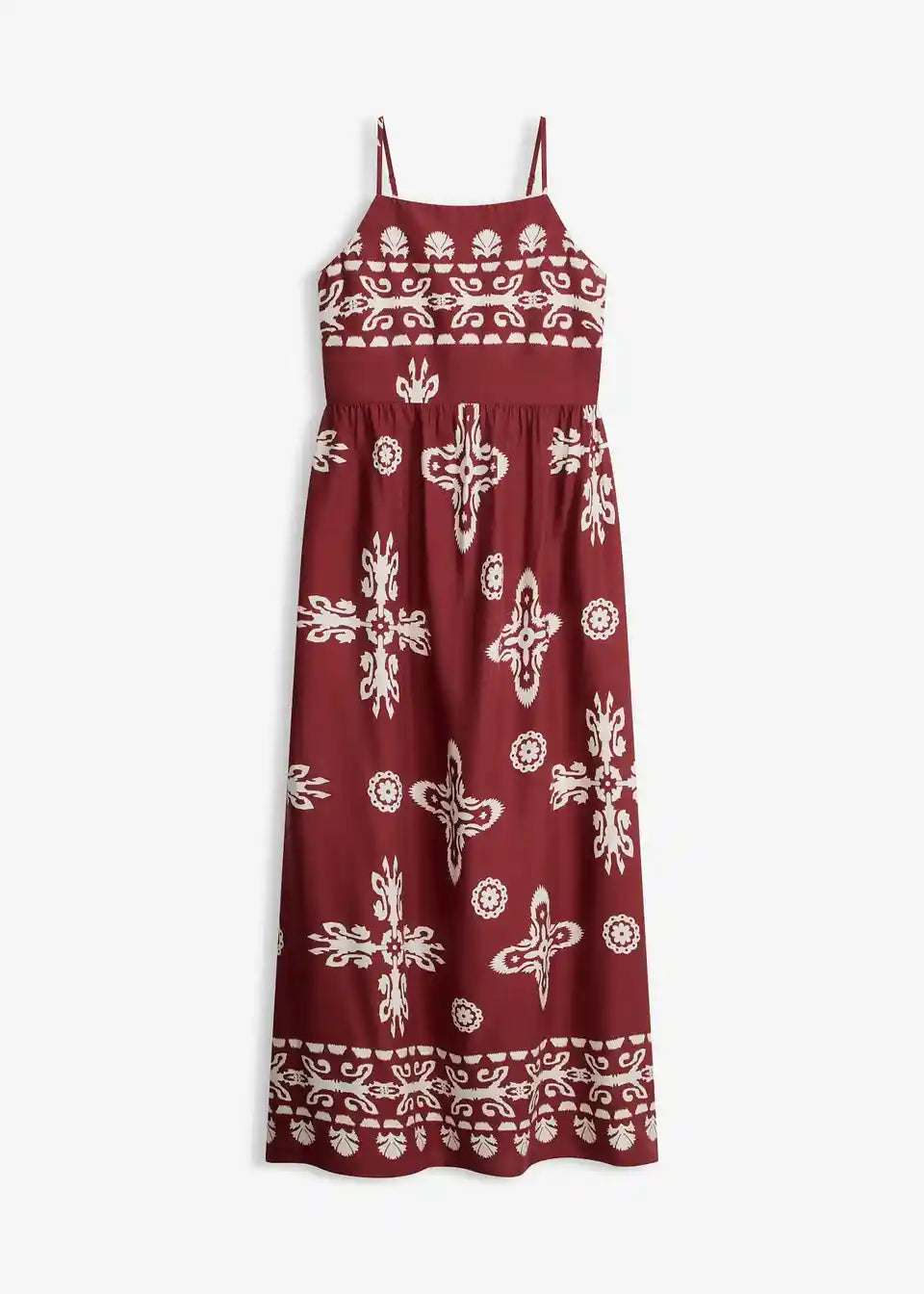 Dames maxijurk met ethnoprint en spaghettibandjes vooraanzicht